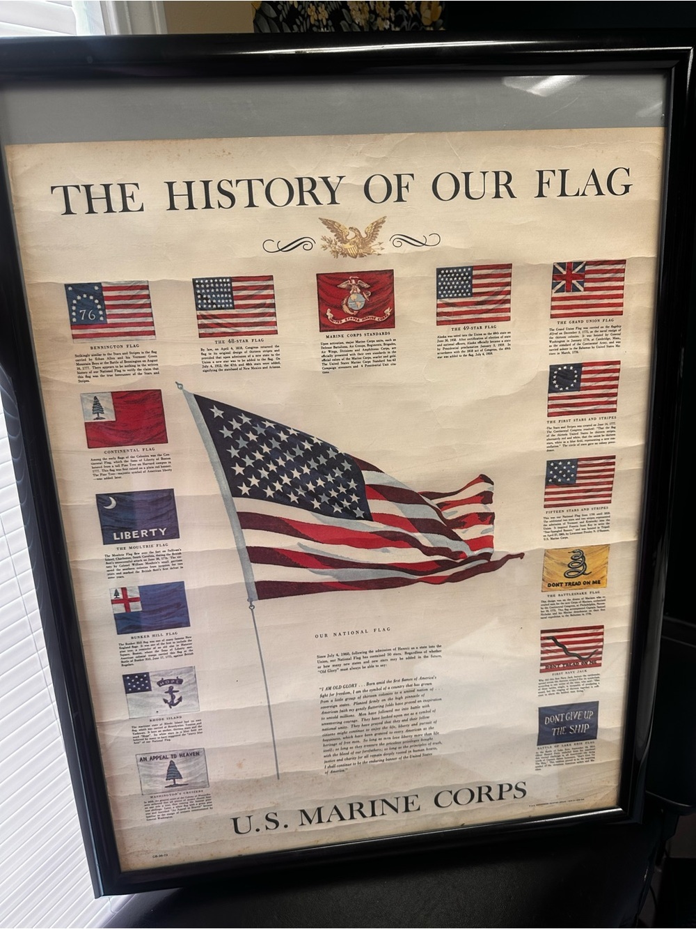 Original Vintage 1973 USMC the History of our Flag Poster-framed auth GPO